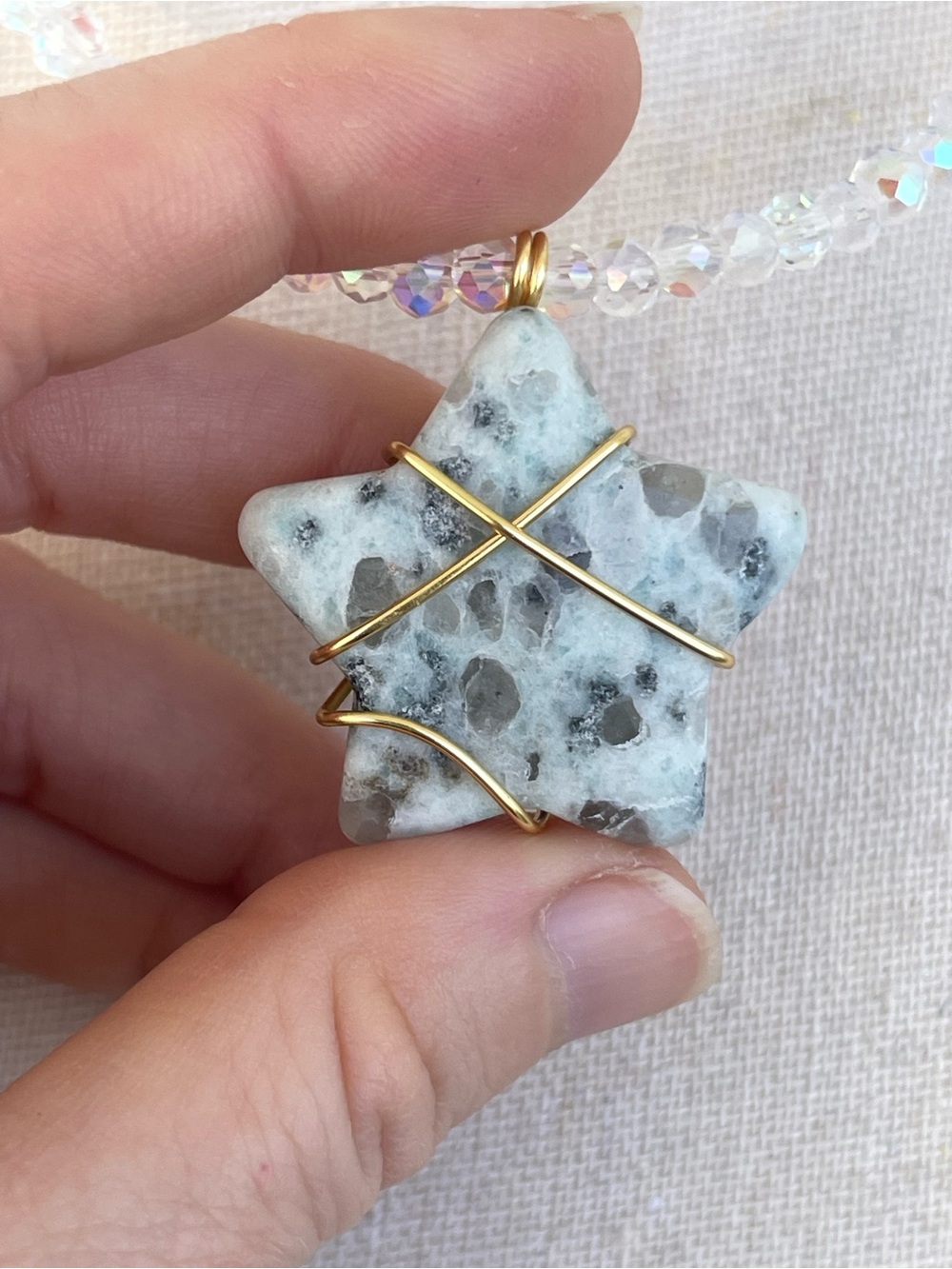 Kiwi Jasper Star Necklace Gold Tone Wire Wrap on White AB Glass Beaded Chain